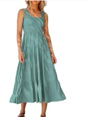 Women's Sleeveless Smocked Boho Ruffle Tiered Swing A Line Midi Dress w/ Pocket